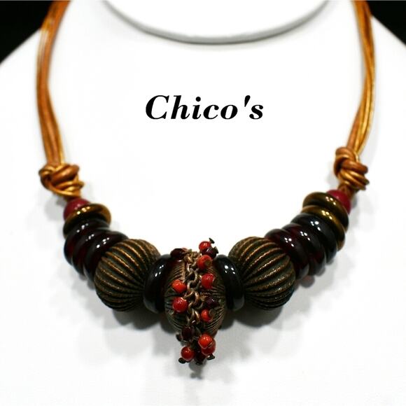 Chico’s Copper Leather Necklace Red Brown Beads Fringe Detail 5 Strands - Picture 1 of 9